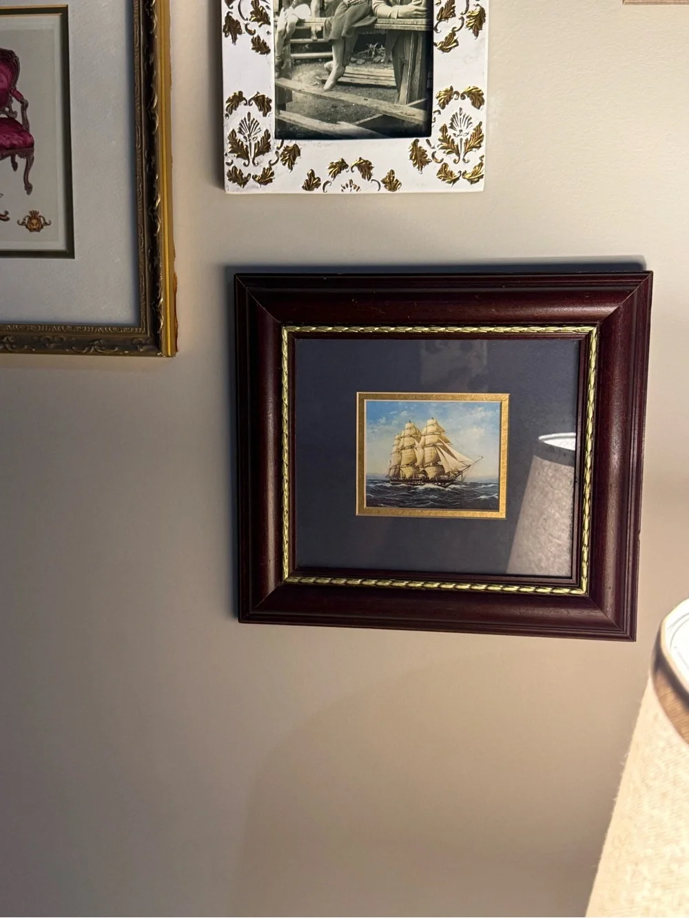 Framed Sailing Ship Wall Art - Brown Frame, Gold Trim